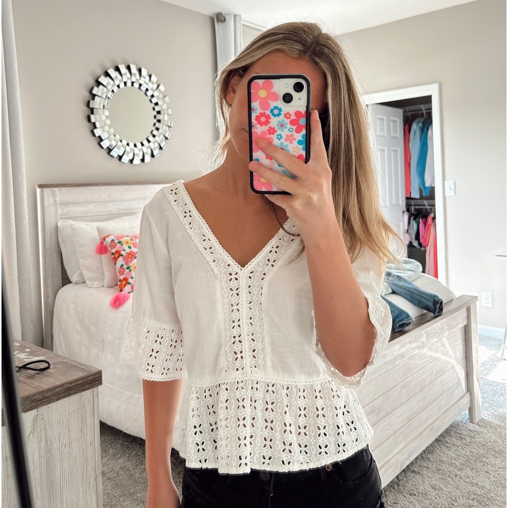 white 3/4 length blouse